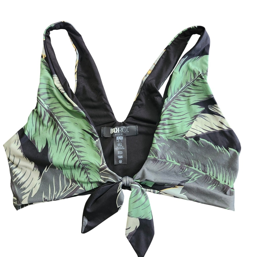 Beach Riot Bikini Top Women's Medium Black/Green Palm Leaf Front Tie Knot V-Neck